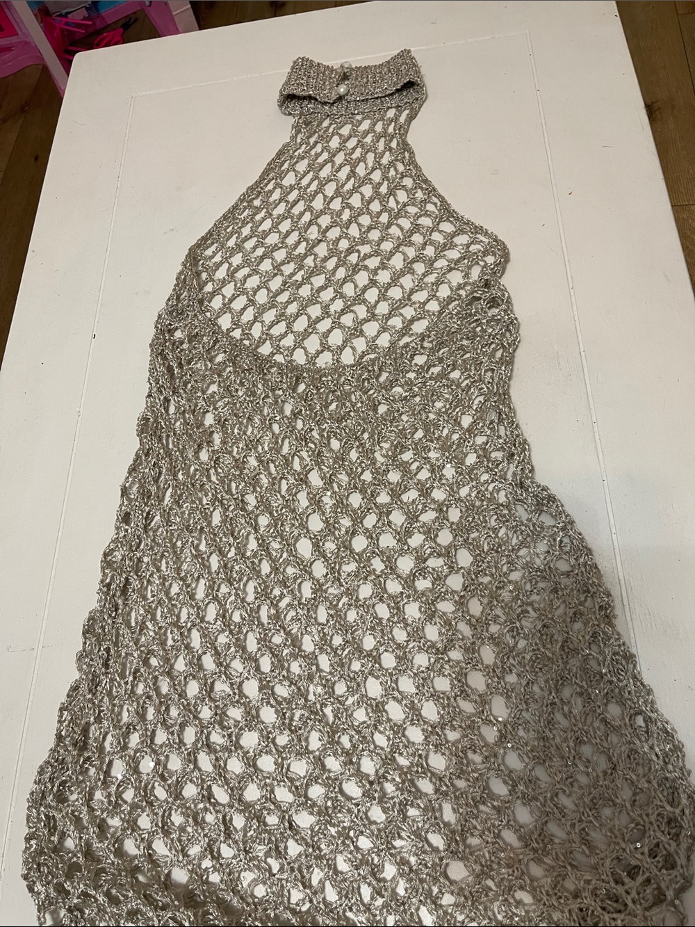 Openwork Halter Maxi Dress in Silver Like New